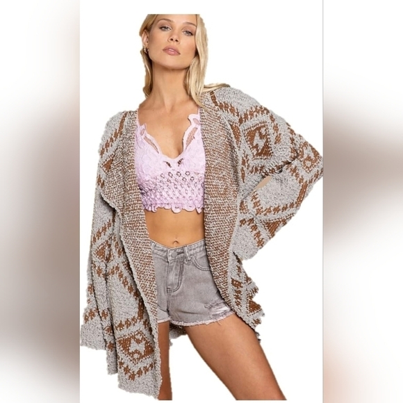 POL GRAY & BROWN WATERFALL AZTEC OPEN DRAPE COZY CARDIGAN SWEATER SIZE S - Picture 1 of 9